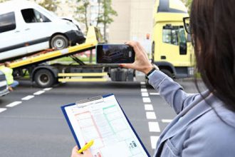A woman documents car damage as evidence for a vet compliance assessment.