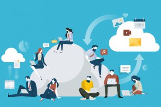A graphic illustrates people connecting through cloud computing, highlighting digital collaboration and vet sector skills.