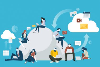 A graphic illustrates people connecting through cloud computing, highlighting digital collaboration and vet sector skills.
