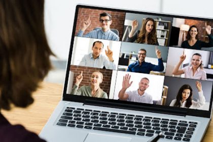 A video conference on a laptop illustrates the online learning experience for students in the vet sector.
