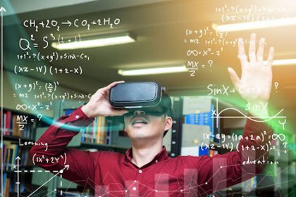 A student engages with virtual reality, illustrating immersive education and its potential in learning.