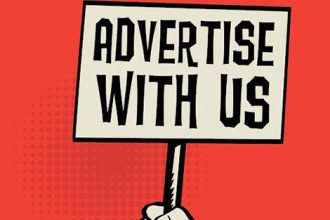 A graphic shows a hand holding an 'Advertise With Us' sign for vet sector marketing opportunities.