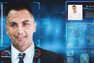 Facial recognition technology scans a man's face, relating to digital ID programs in the vet sector.