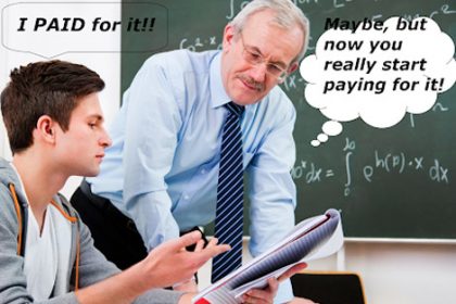 A teacher and student review math in a classroom, highlighting the issue of contract cheating.