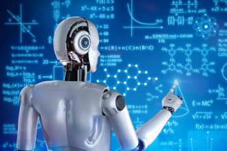A robot interacts with scientific formulas, representing artificial intelligence in learning.