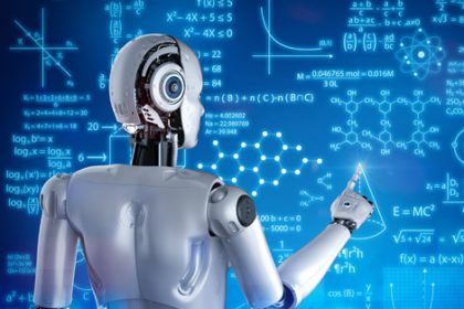 A robot interacts with scientific formulas, representing artificial intelligence in learning.