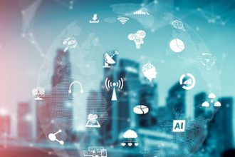 A digital network connects a futuristic city, representing technology in the vet sector.