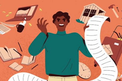 A man reviews a long receipt, relating to financial planning for vet students.