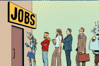 People and robots queue for jobs, illustrating the impact of automation on the vet sector.