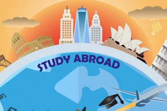 A graphic illustrates study abroad opportunities with global landmarks and graduation caps, relating to ESOS compliance.