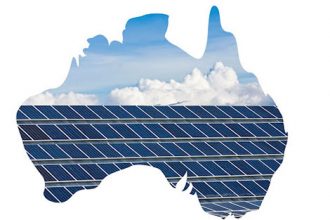 Australia is depicted covered in solar panels, highlighting the renewable energy sector and a growing skills shortage.