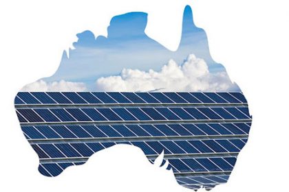 Australia is depicted covered in solar panels, highlighting the renewable energy sector and a growing skills shortage.