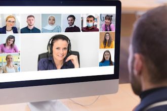 A team collaborates during a video conference, highlighting the importance of communication within the vet sector.