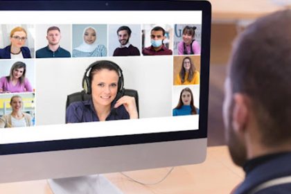 A team collaborates during a video conference, highlighting the importance of communication within the vet sector.