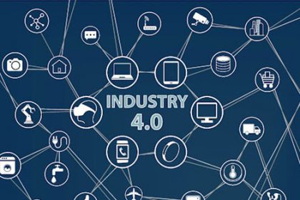 Industry 4.0 illustrates interconnected devices and data exchange within the vet sector.