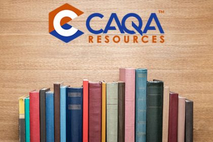 CAQA Resources logo appears above a bookshelf filled with popular vet training resources.