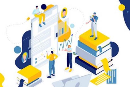 People analyze data and learn from books in an isometric illustration relating to vet training.