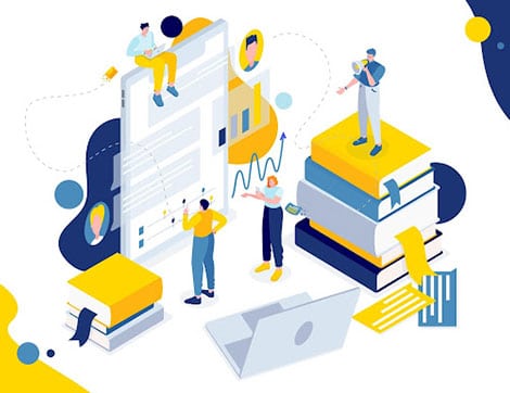 People analyze data and learn from books in an isometric illustration relating to vet training.