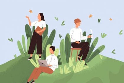 People collaborating with technology outdoors promotes a positive learning environment for vet sector students.