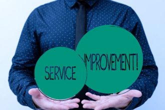 A presenter highlights service improvement concepts during a business presentation, focusing on RTO training.