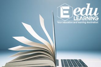 A laptop displaying an open book represents online learning resources for professional development.