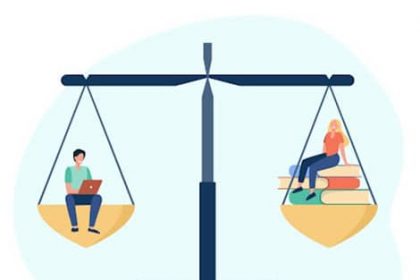 A balance scale visually compares online and offline learning, highlighting the debate in the vet sector.