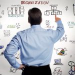 A businessman reviews a business strategy flowchart, highlighting challenges for RTO training.