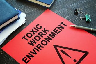 A graphic depicts a toxic work environment, highlighting potential health risks.