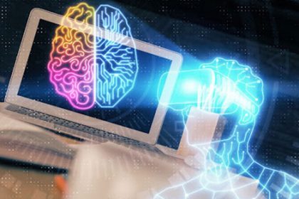 A laptop screen shows a digital brain, representing AI-powered assessment tools for VET training.