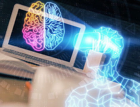 A laptop screen shows a digital brain, representing AI-powered assessment tools for VET training.