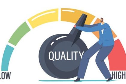 A graphic illustrates quality control with a needle pointing to 'high', relevant to leadership in the vet sector.