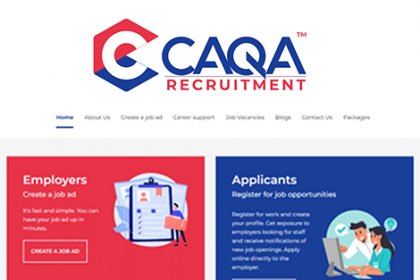 The CAQA Recruitment website homepage displays options for employers and job seekers in the vet sector.